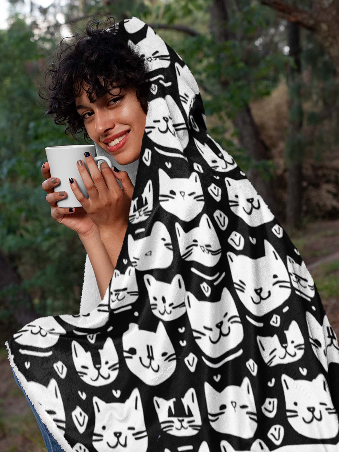 Black and White Cat Face Hooded Snuggle Blanket