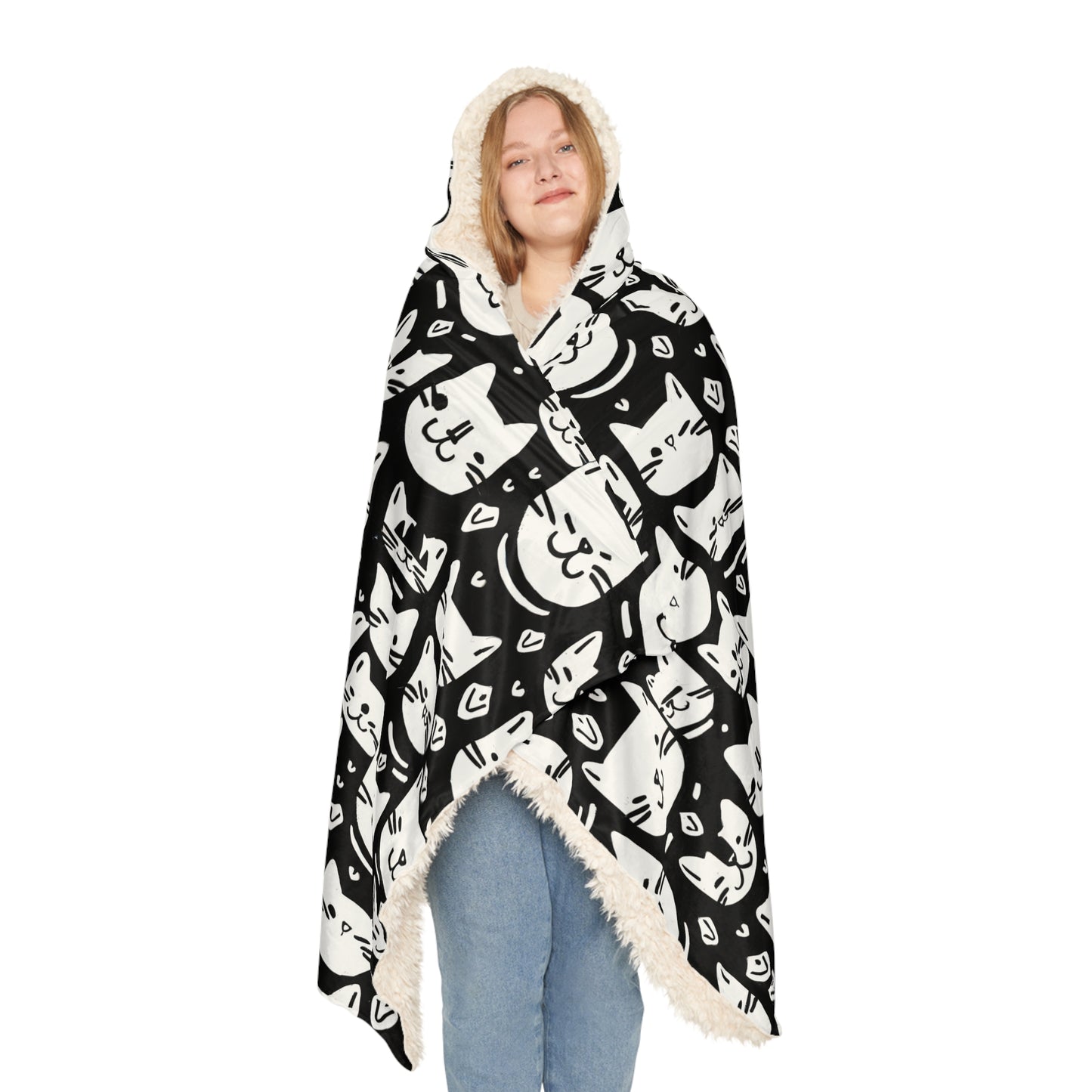 Black and White Cat Face Hooded Snuggle Blanket