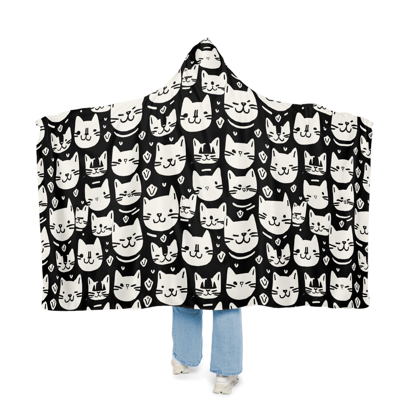 Black and White Cat Face Hooded Snuggle Blanket