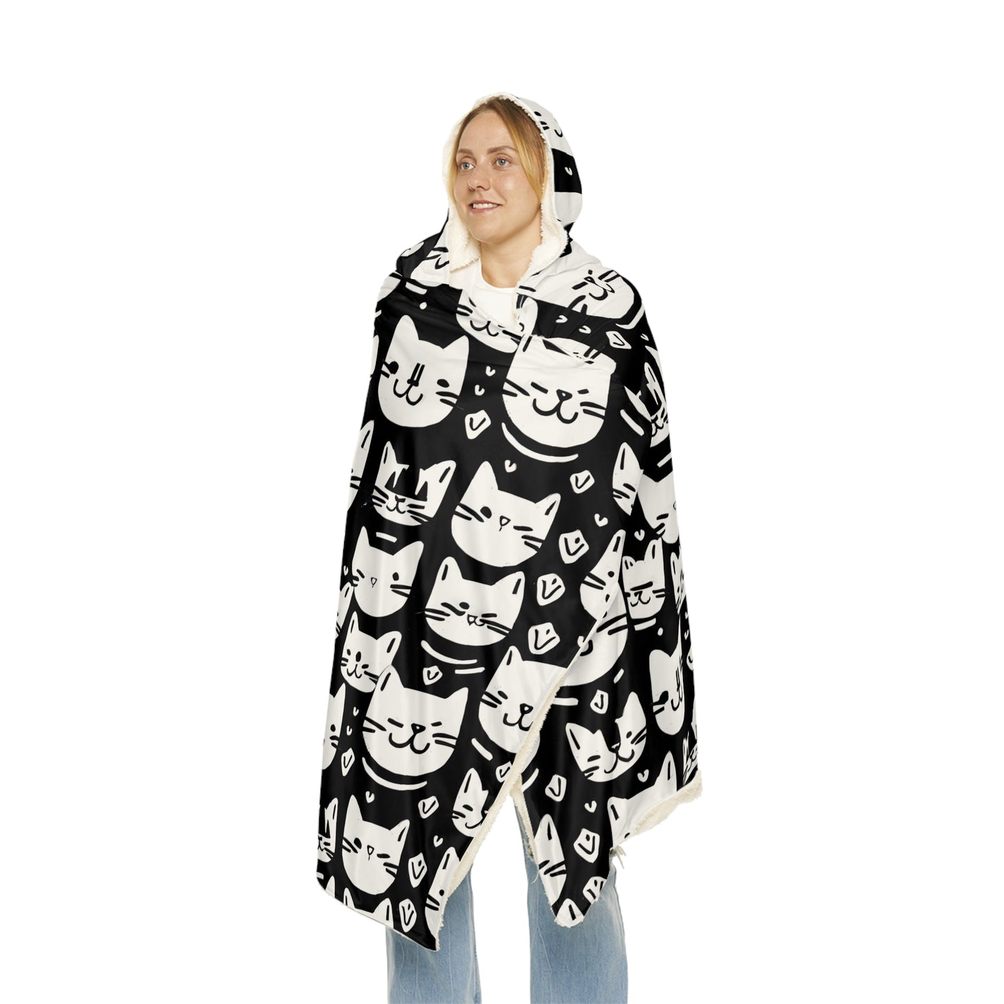 Black and White Cat Face Hooded Snuggle Blanket