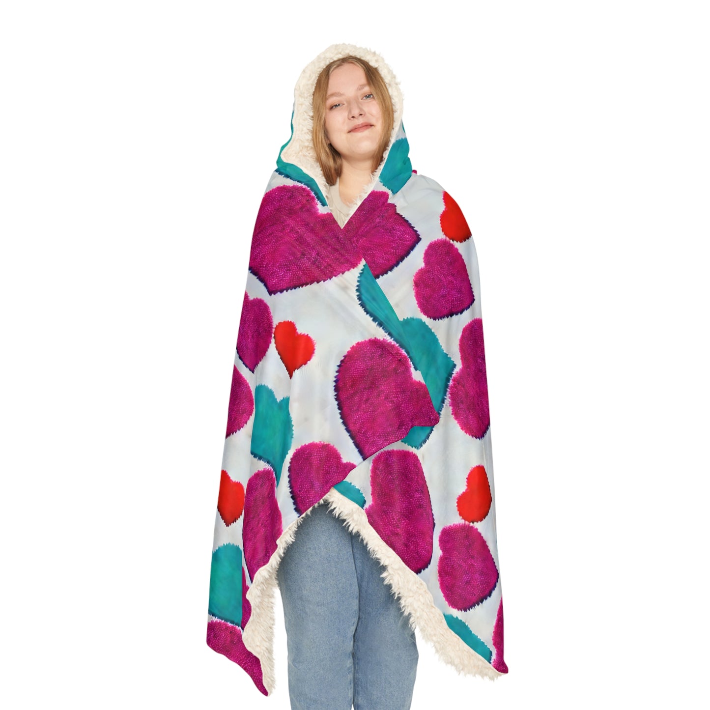 Fluffy Hearts Hooded Snuggle Blanket
