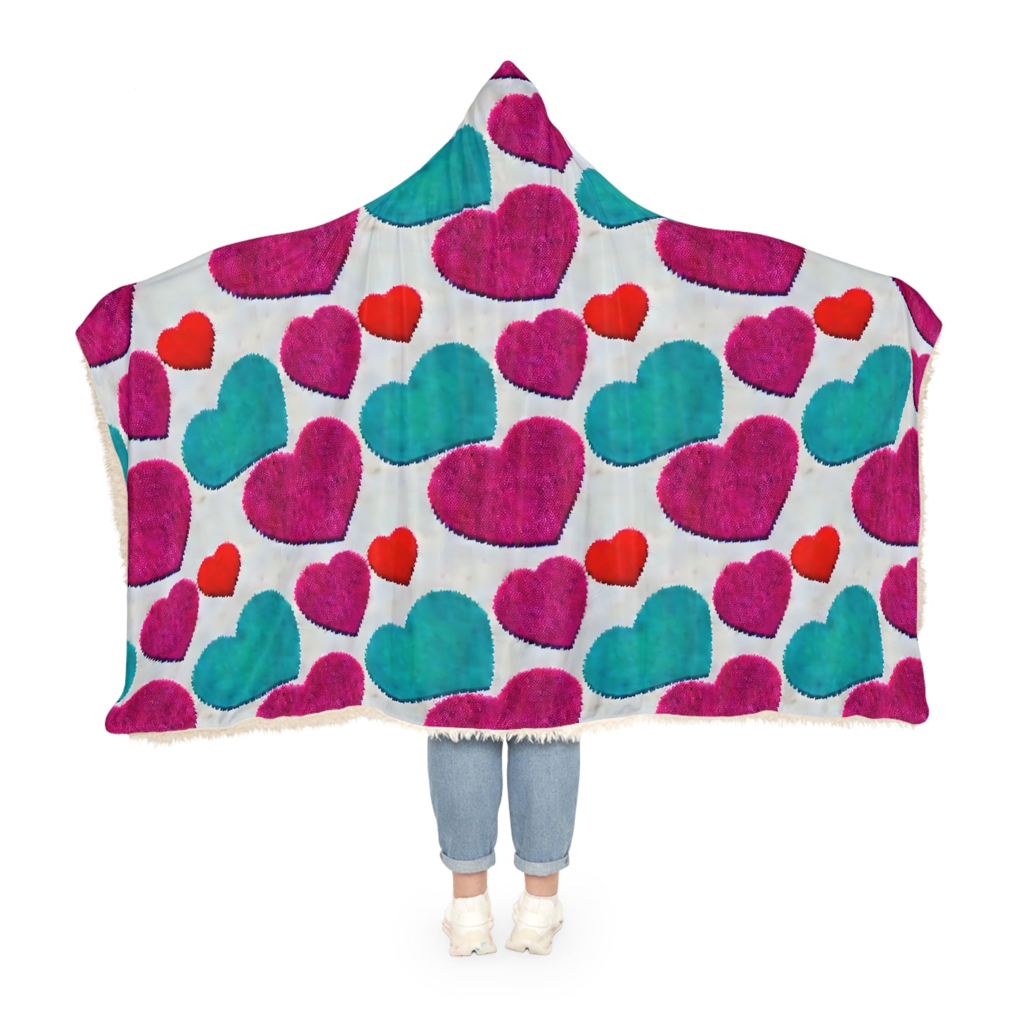 Fluffy Hearts Hooded Snuggle Blanket