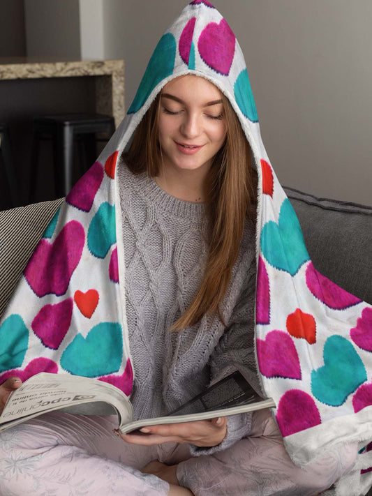 Fluffy Hearts Hooded Snuggle Blanket