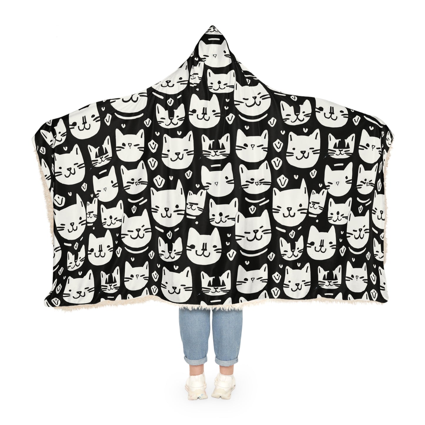 Black and White Cat Face Hooded Snuggle Blanket