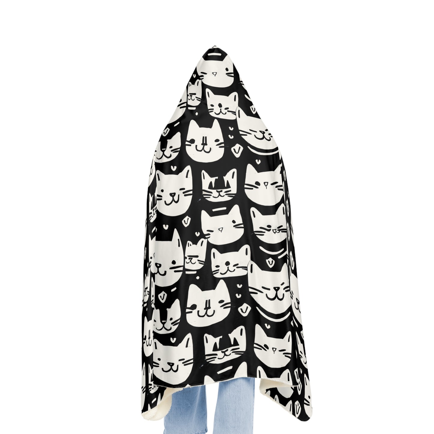 Black and White Cat Face Hooded Snuggle Blanket